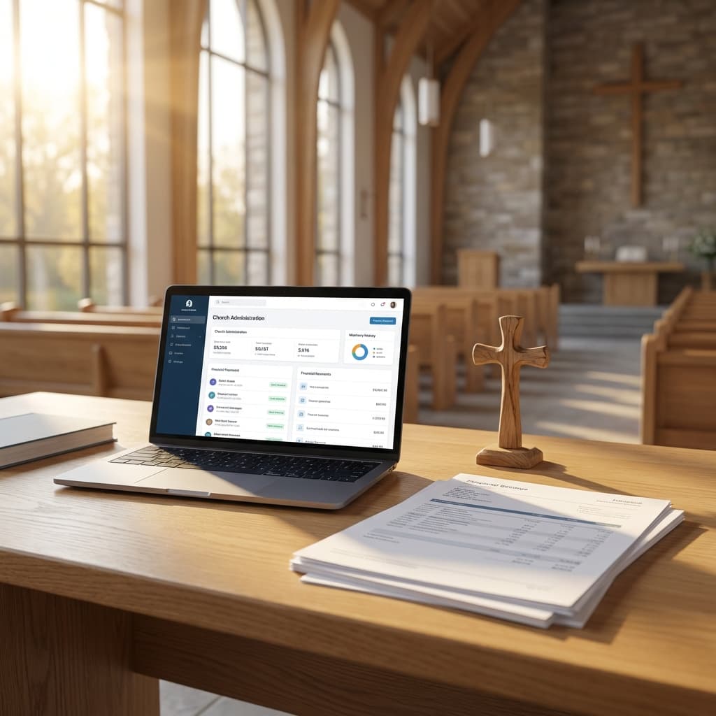 Modern church interior with financial records being prepared for tax season