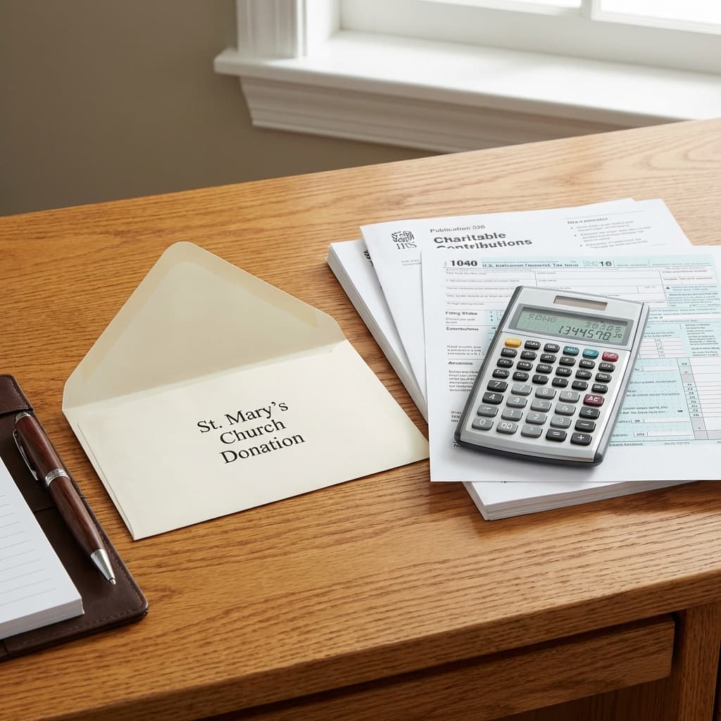 A church donation envelope with tax documents and a calculator on a desk